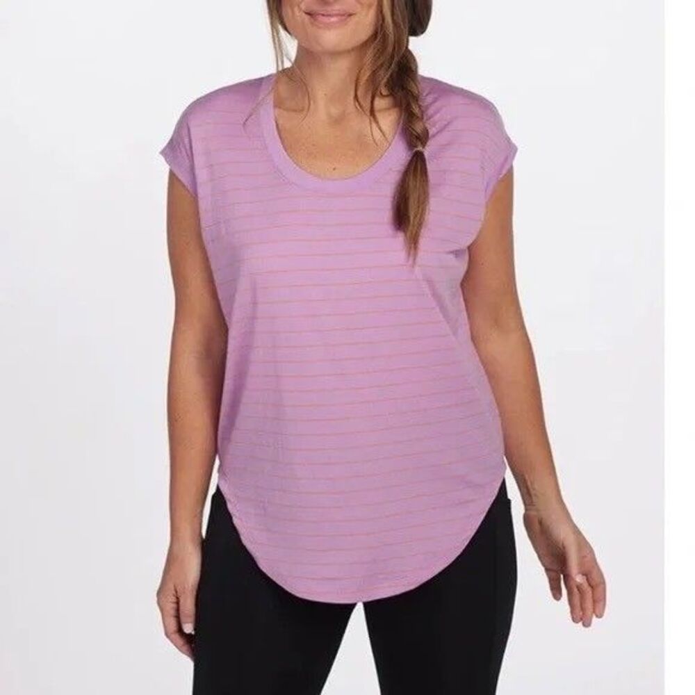 “SOLD” WOOLX Gabi Merino Wool Tunic Top Purple Orange Striped Relaxed Medium